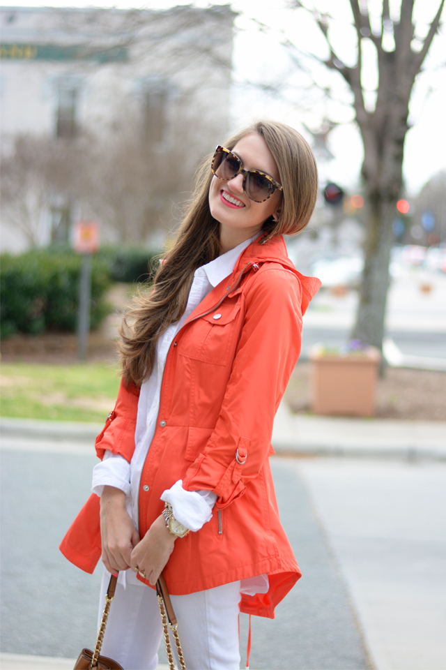 Obsessed with this bright coral red Michael Kors trench coat