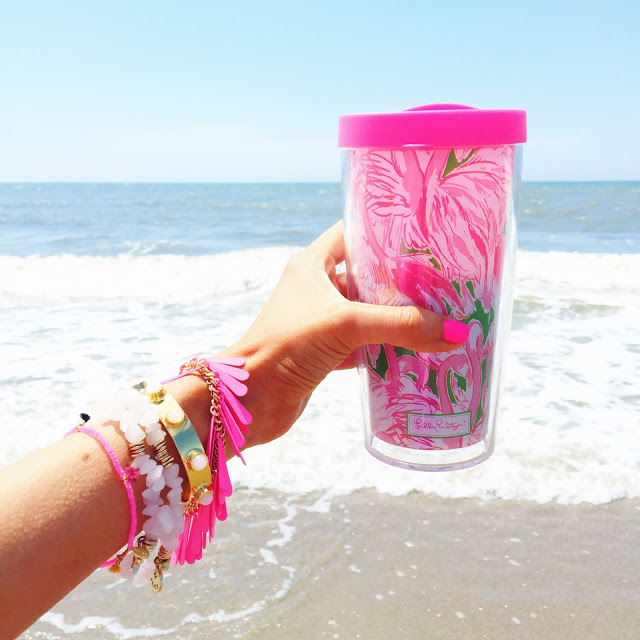 Lilly Pulitzer tumbler on the beach