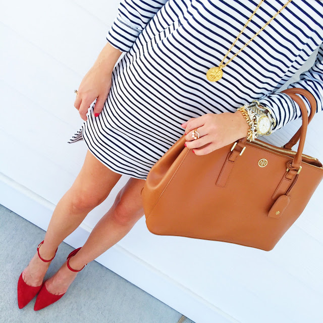 Striped dress + red heels