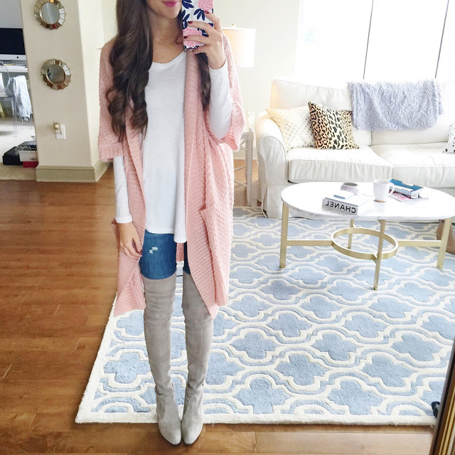 Pink cardigan looks really cozy!