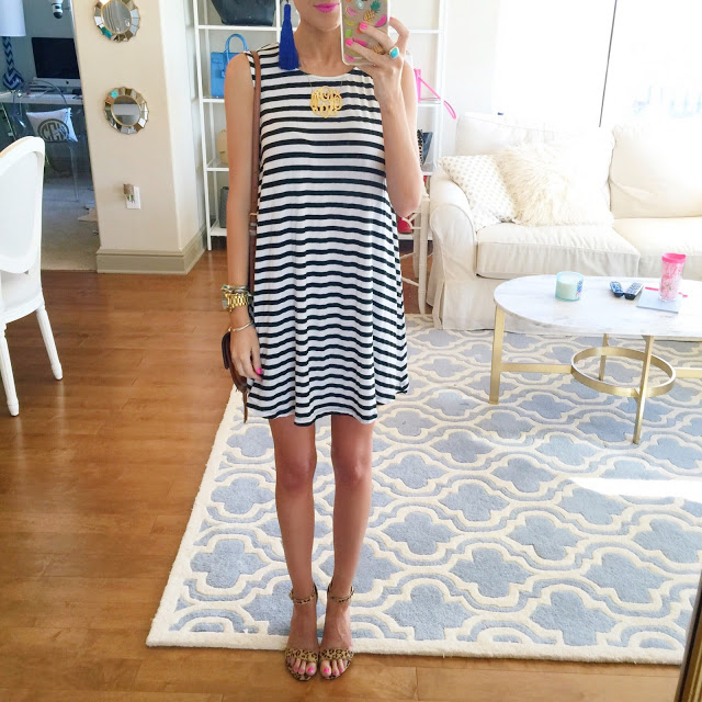 striped dress with leopard heels