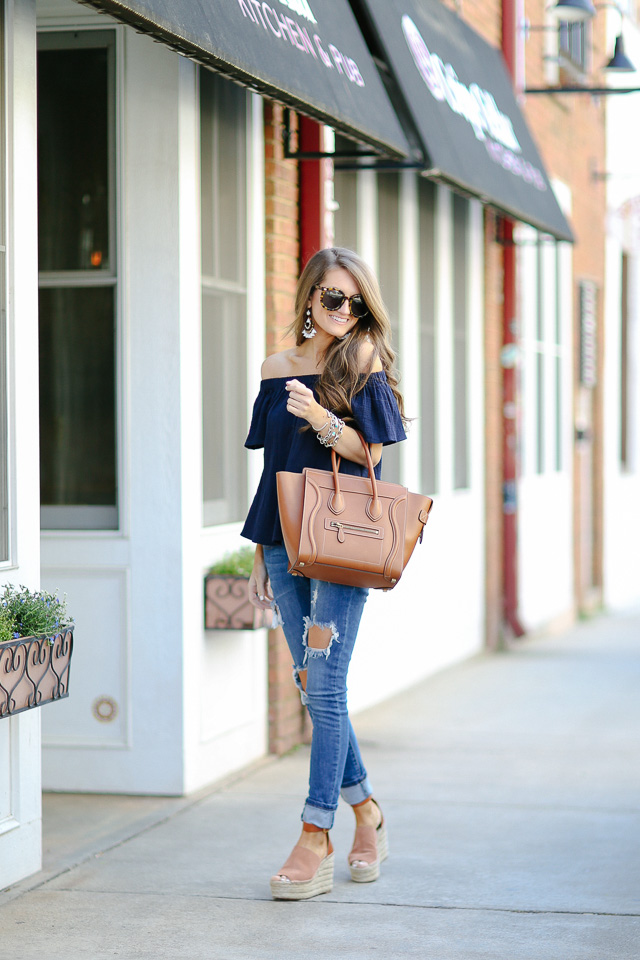 blue off shoulder top outfit