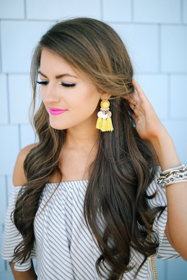 cute  little  spring style refresh  3 accessories you need  express  white ruffle dress yellow pumps yellow tassel earrings anne klein  crystal watch  mothers day  cute  little  Dallas Petite Fashion Blogger