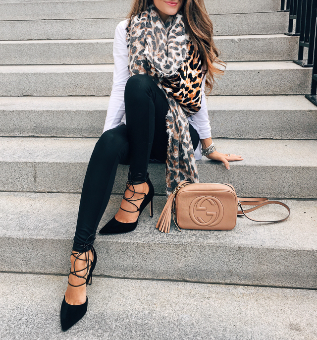 Leopard scarf, faux leather leggings, lace-up heels