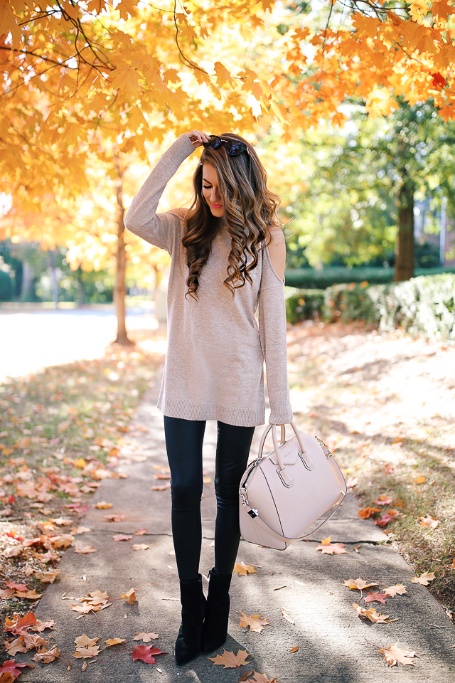 Love this neutral outfit - beige sweater, leather leggings, black booties