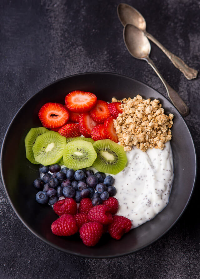 Greek yogurt bowl with chia seeds, granola & fruit