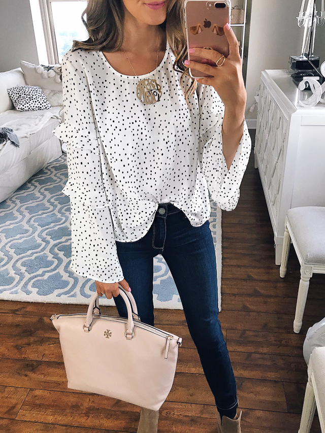 Crisscross sleeve white sweater with monogrammed taupe crossbody bag -  Pinteresting Plans