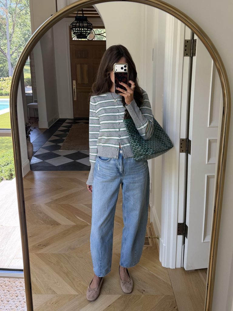 striped grey cardigan with barrel jeans and ballet flats for fall 2026