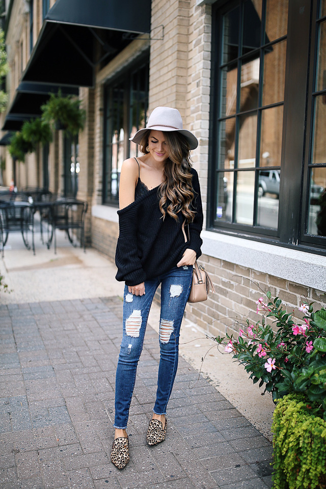 Off-the-Shoulder Sweater with Lace Bralette - Southern Curls & Pearls