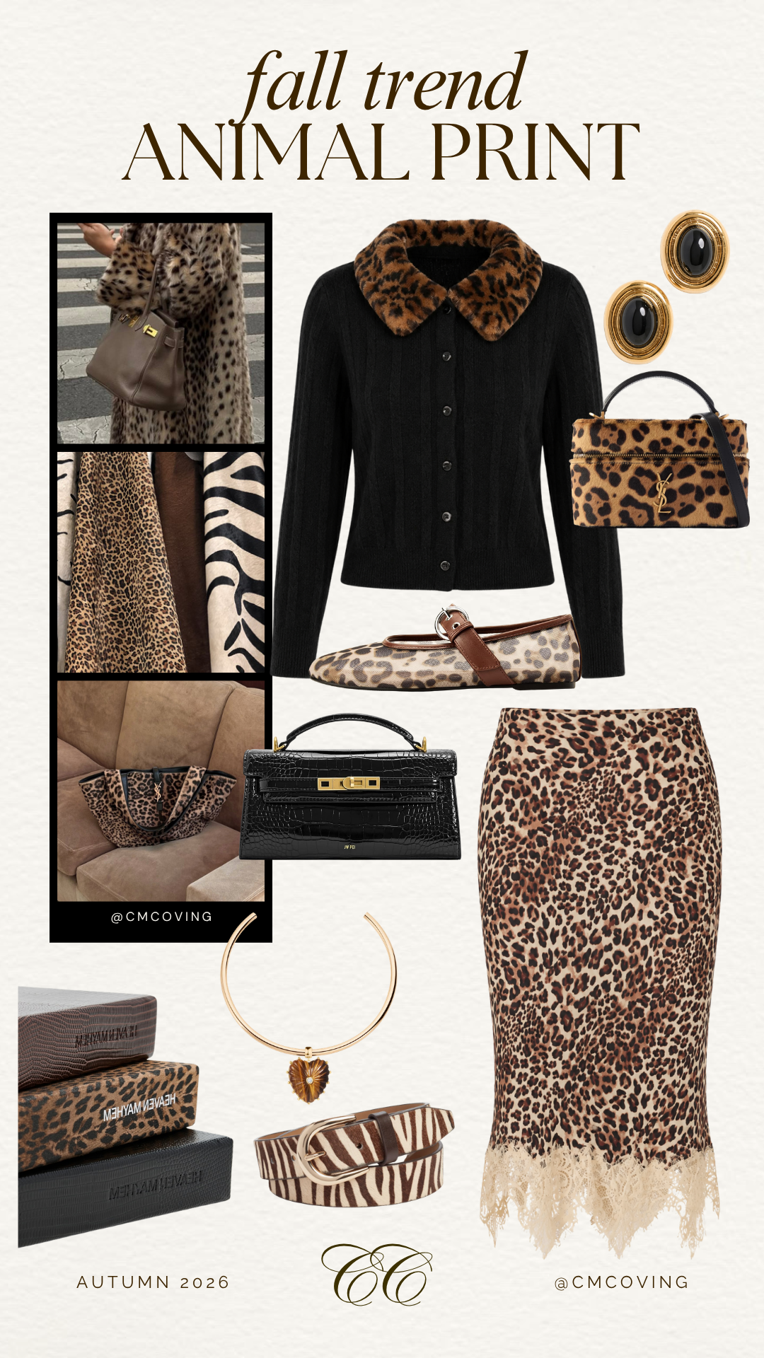 2026 fall trends 2026 trends for fall animal print trend for fall - Southern Curls & Pearls Collage of leopard and animal-print fashion items for fall: black sweater coat with leopard collar, leopard-print skirt, leopard flats, leopard handbag, leopard jewelry, and accessories with'fall trend ANIMAL PRINT' text at top.