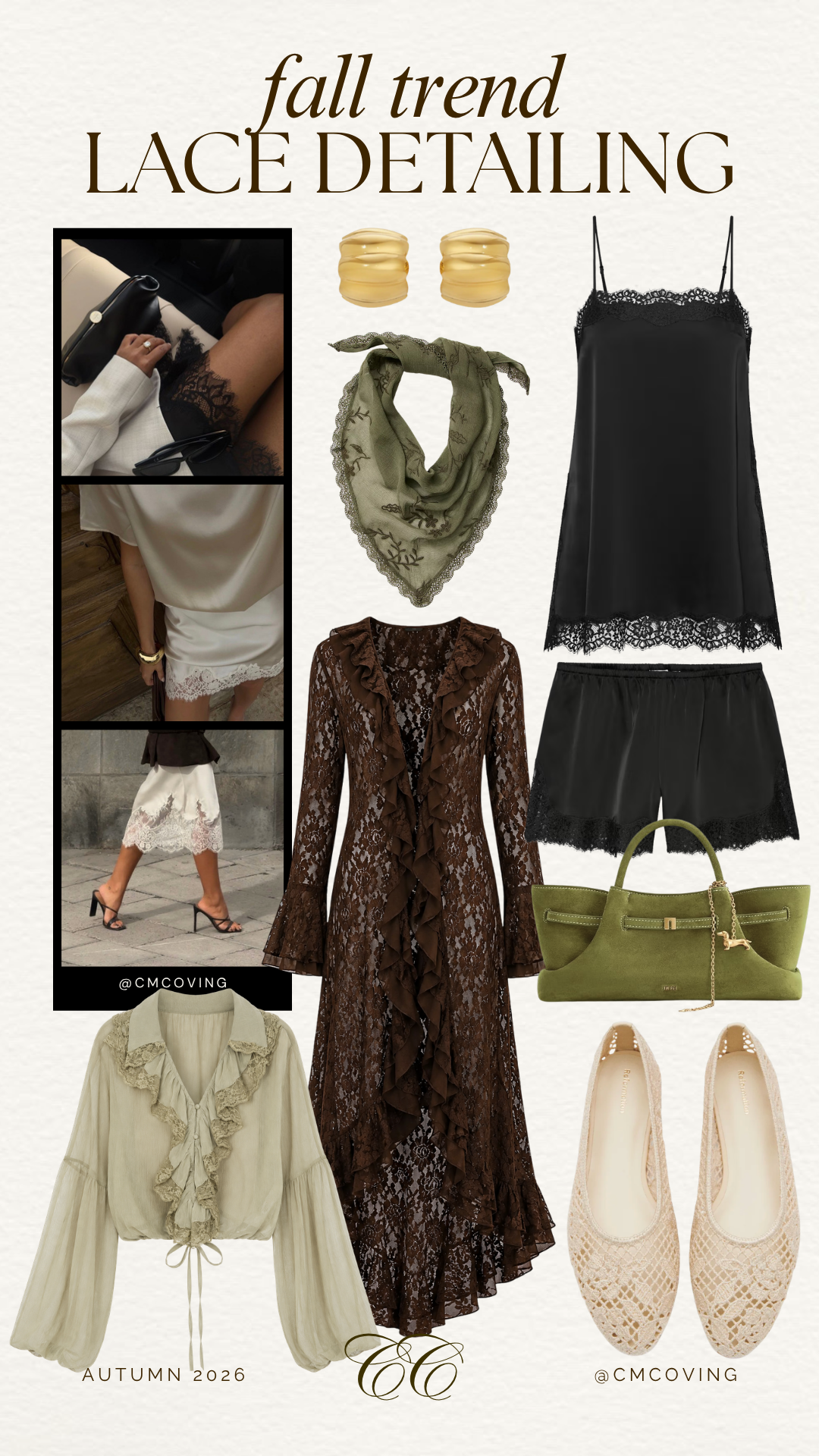 2026 fall trends 2026 trends for fall lace detailing trend for fall - Southern Curls & Pearls Mood board showcasing fall lace detailing: includes black satin lace-trim slip, brown lace trench, beige lace blouse, cream lace skirt, olive scarf, gold hoop earrings, beige lace flats, and olive handbag.