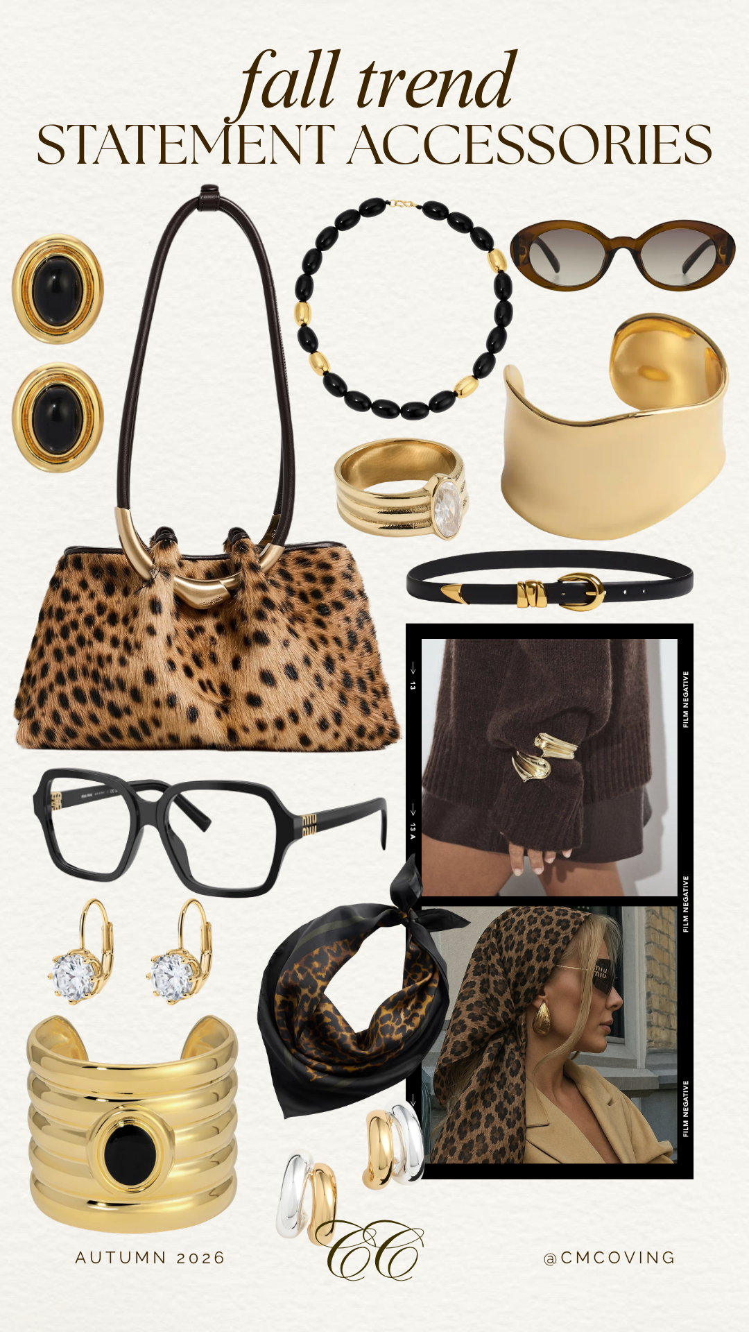 2026 fall trends 2026 trends for fall statement accessories trend for fall statement jewelry for fall - Southern Curls & Pearls Collage of gold-tone jewelry and leopard-print handbag with sunglasses and a black-and-gold belt, captioned 'fall trend statement accessories' for Autumn 2026.