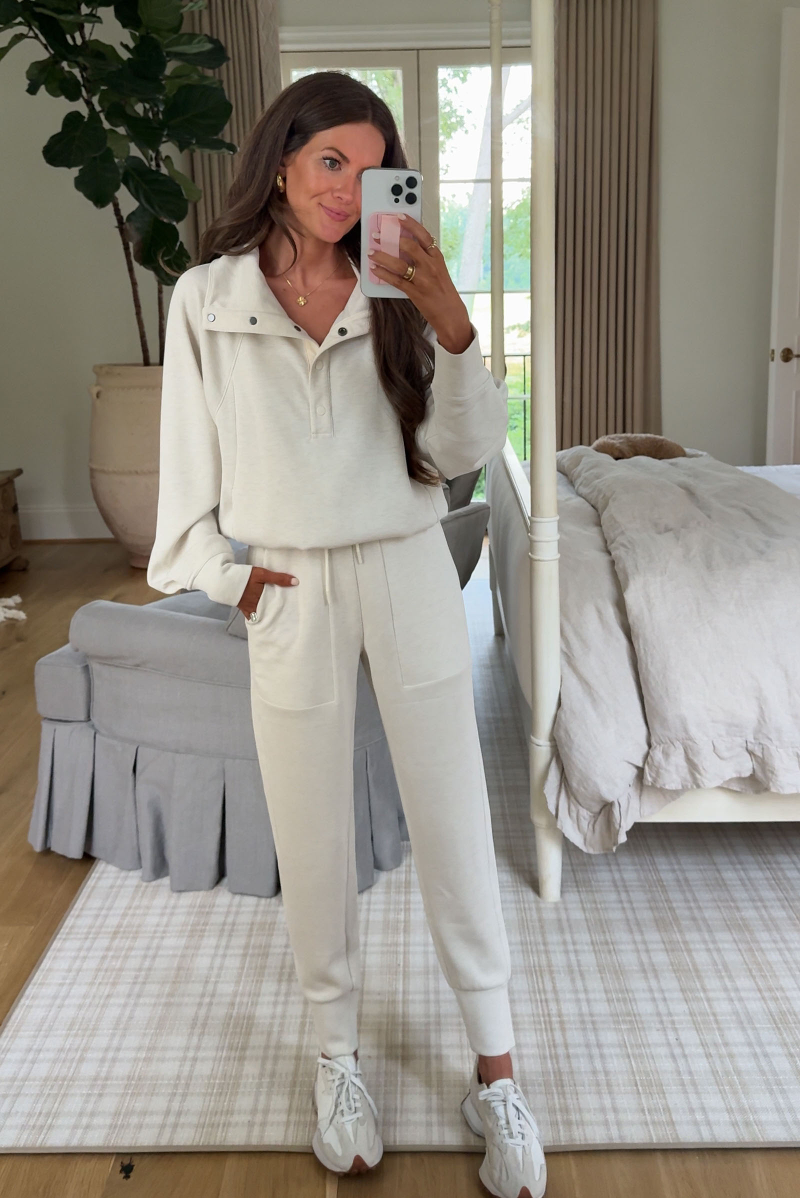 Southern Curls & Pearls wearing Zella Ultrasoft Snap Funnel Neck Sweatshirt and Zella Ultrasoft High-Waist Knit Joggers from the Nordstrom Anniversary Sale 2025.