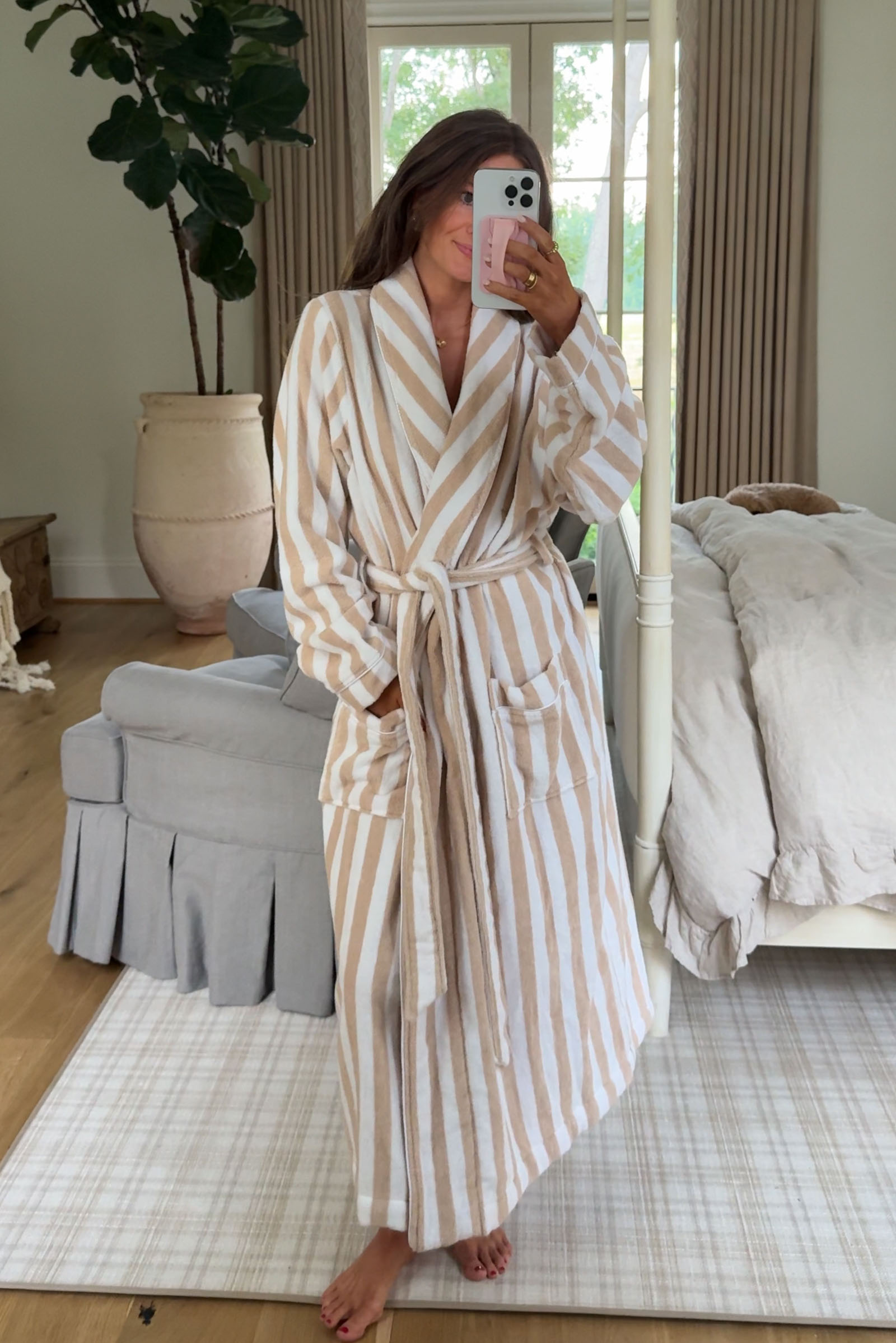 Southern Curls & Pearls wearing Nordstrom Stripe Hydrocotton Terry Robe from the Nordstrom Anniversary Sale 2025.