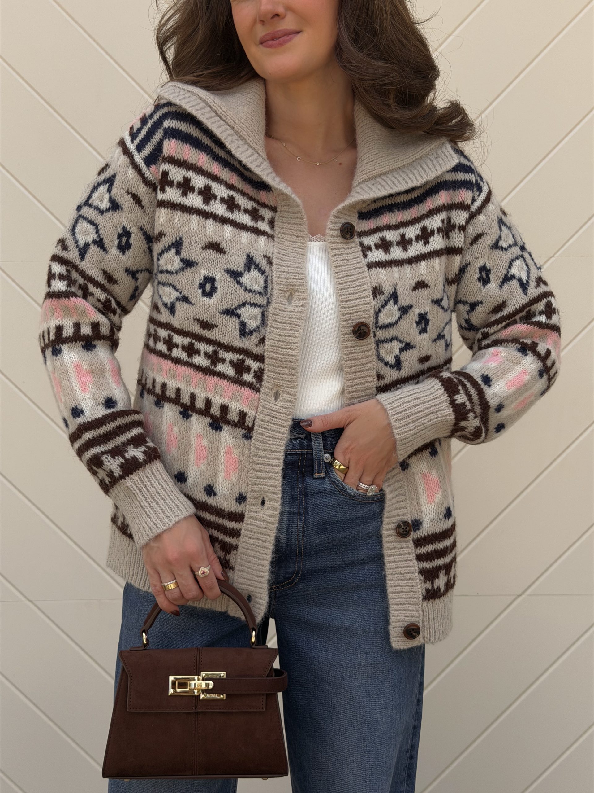 target winter cardigan layered over a tank and jeans for fall 2026