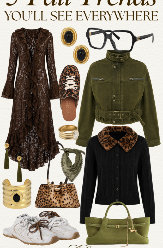 Collage of fall fashion items: brown lace dress, olive green jacket, leopard-print accessories, white sneakers, gold jewelry, and green handbag, promoting autumn trends.