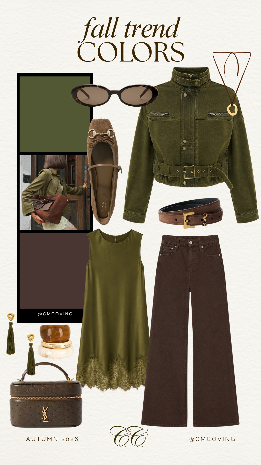fall 2026 trends fall 2026 fashion trends what to wear in the fall of 2026 color trends of 2026 - Southern Curls & Pearls Collage showing fall color palette: olive green jacket, olive dress, brown wide-leg pants, brown handbag, taupe flats, sunglasses, belt, jewelry, and color swatches under the text ‘fall trend COLORS’