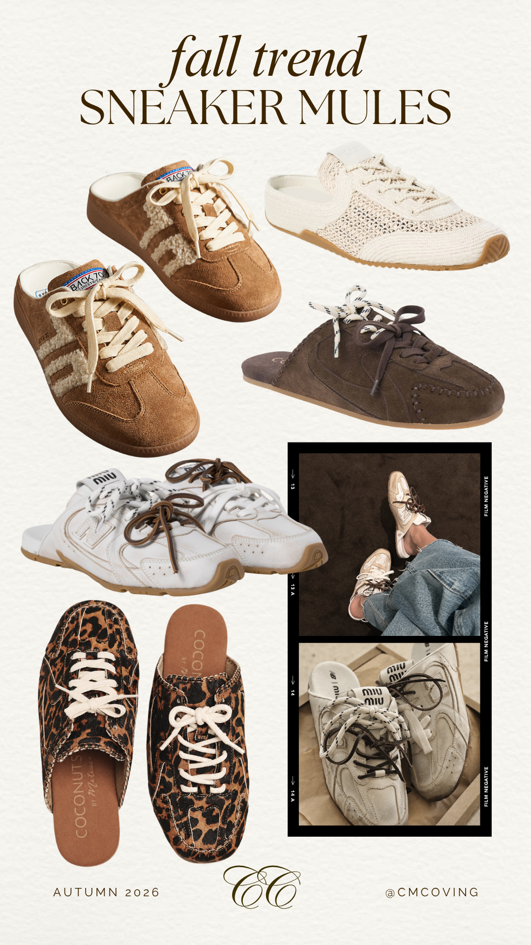 fall 2026 trends fall 2026 fashion trends what to wear in the fall of 2026 sneaker mule trend - Southern Curls & Pearls Collage of fall sneaker mule styles: brown suede sneakers, beige knit sneakers, white chunky sneakers, leopard-print loafers, and a dark photo-card, with the headline 'fall trend SNEAKER MULES' and 'AUTUMN 2026' branding.