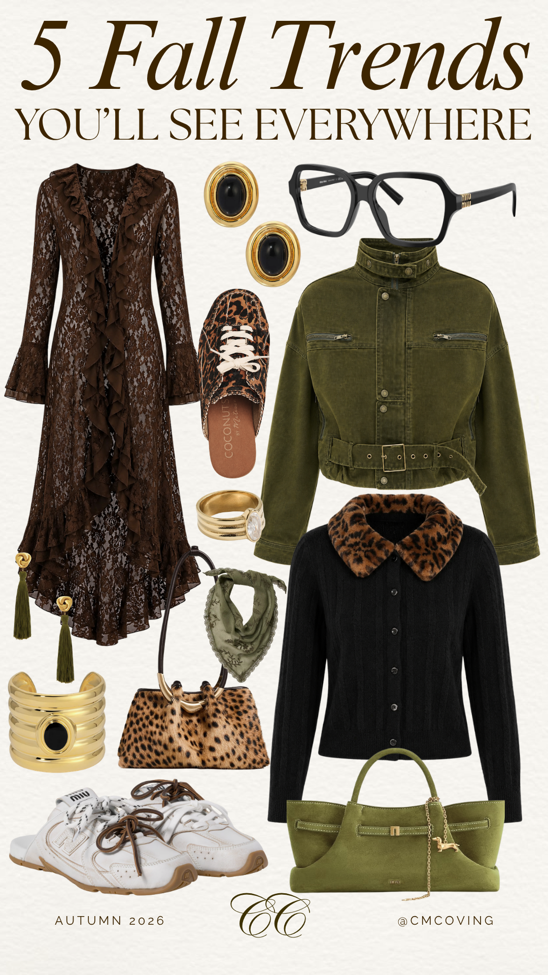 fall 2026 trends fall 2026 fashion trends what to wear in the fall of 2026 - Southern Curls & Pearls Collage of fall fashion items: brown lace dress, olive green jacket, leopard-print accessories, white sneakers, gold jewelry, and green handbag, promoting autumn trends.
