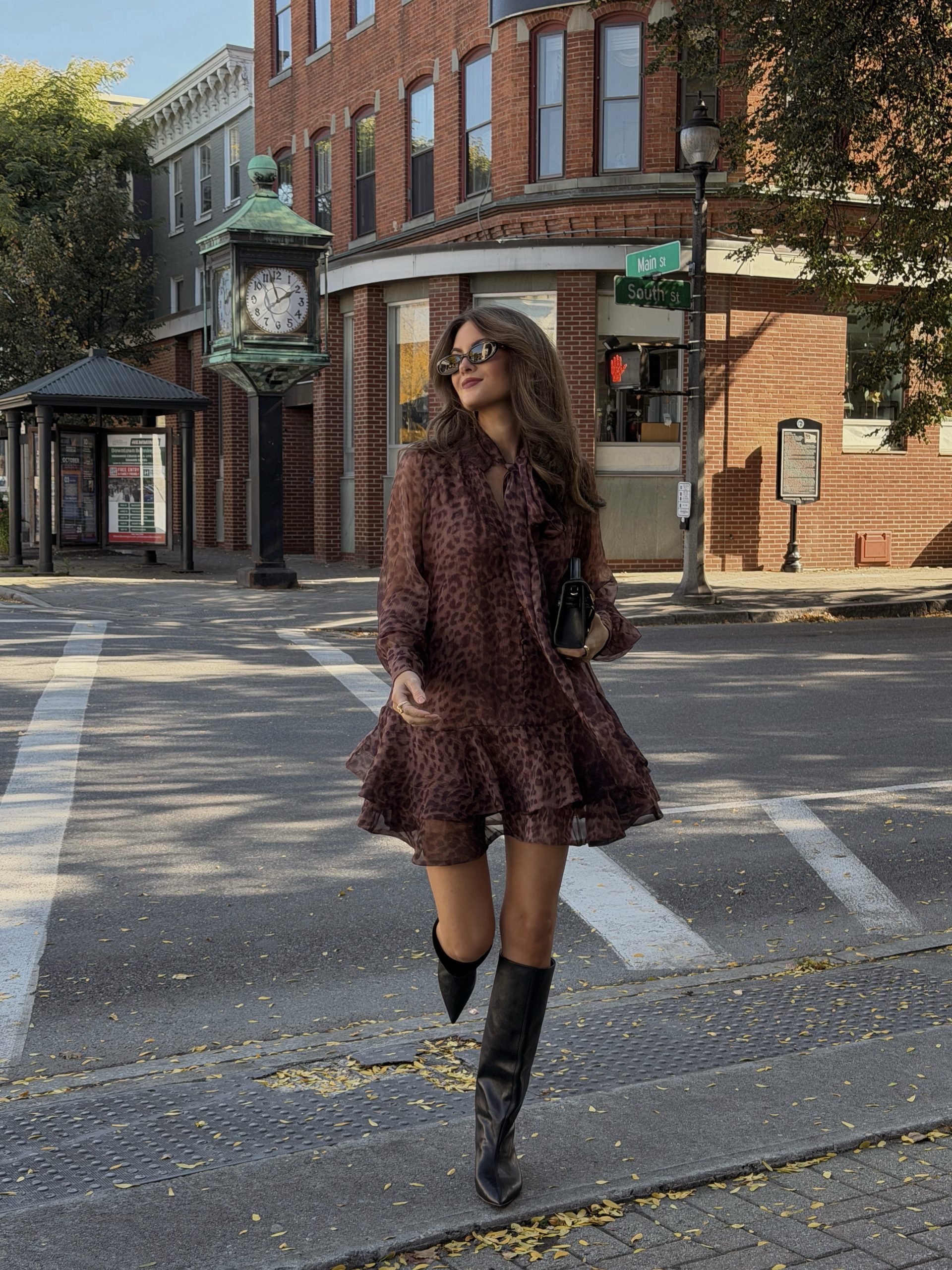 Fall 2026 Outfit Ideas - Southern Curls & Pearls brown mini dress paired with knee high boots for fall 2026 outfit inspo